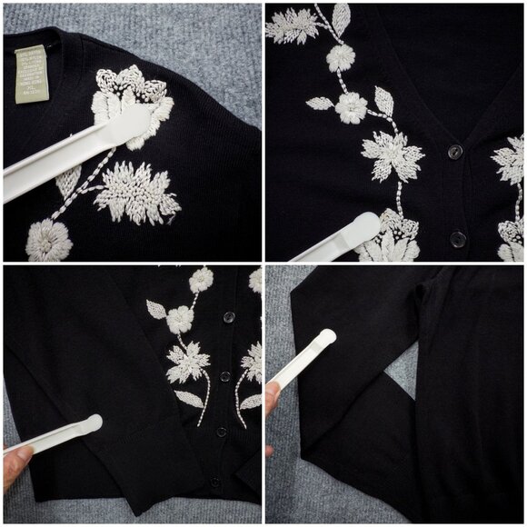 Kate Hill Black Knit Cardigan Floral Embroidered Romantic Vintage Boho Size XL - Picture 8 of 14